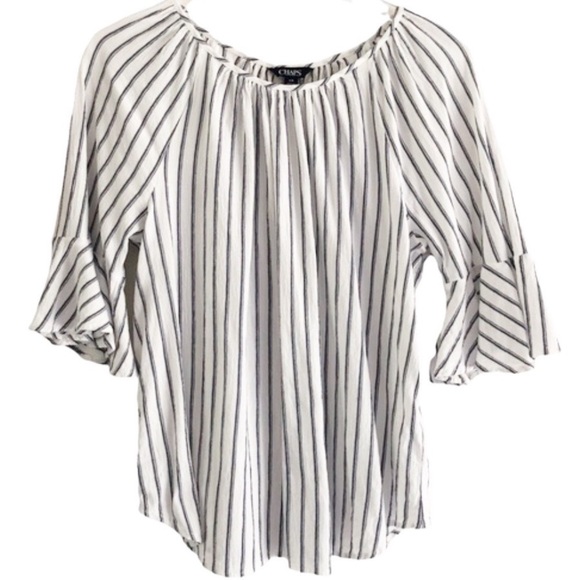 Chaps Ruffled Short Sleeve Peasant Blouse Blue White Striped Large - Picture 6 of 11
